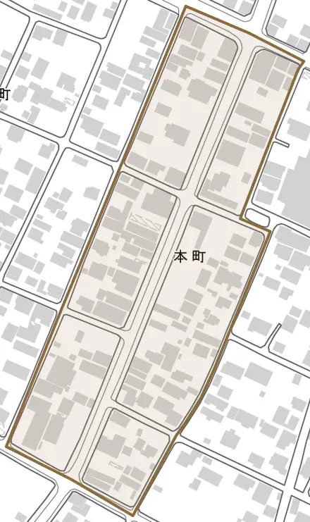 本町とその周辺の地図。町の範囲を重ねている