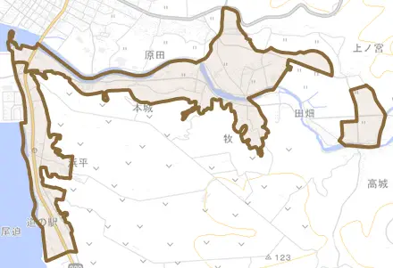 本城とその周辺の地図。町の範囲を重ねている