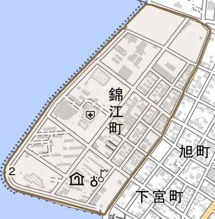 錦江町とその周辺の地図。町の範囲を重ねている