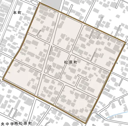 松原町とその周辺の地図。町の範囲を重ねている