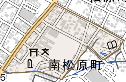 南松原町とその周辺の地図。町の範囲を重ねている