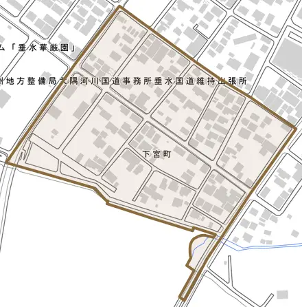 下宮町とその周辺の地図。町の範囲を重ねている
