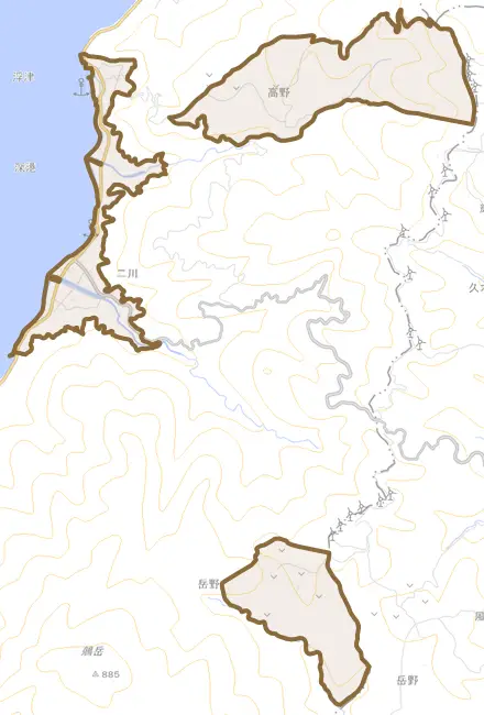 二川とその周辺の地図。町の範囲を重ねている