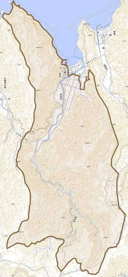 秋名とその周辺の地図。町の範囲を重ねている