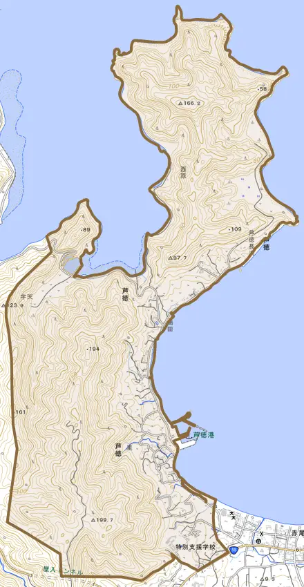 芦徳とその周辺の地図。町の範囲を重ねている