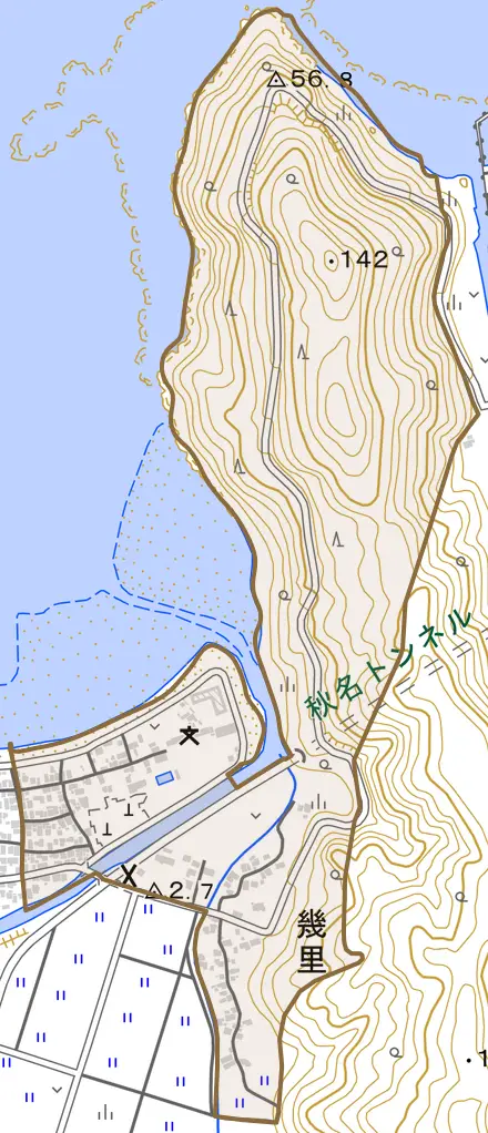 幾里とその周辺の地図。町の範囲を重ねている