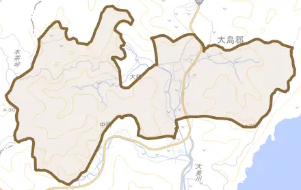 大勝とその周辺の地図。町の範囲を重ねている