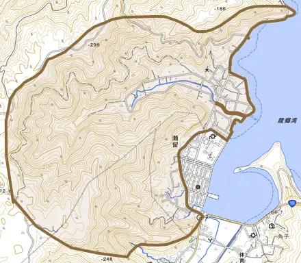 瀬留とその周辺の地図。町の範囲を重ねている
