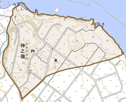 神之嶺とその周辺の地図。町の範囲を重ねている