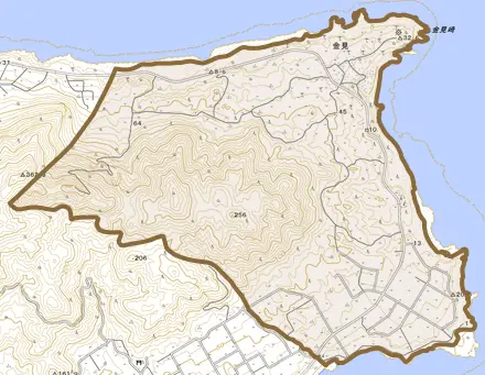 金見とその周辺の地図。町の範囲を重ねている