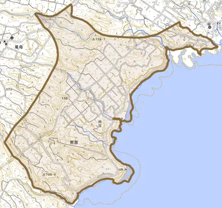 南原とその周辺の地図。町の範囲を重ねている
