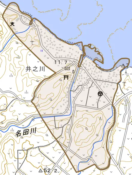 井之川とその周辺の地図。町の範囲を重ねている