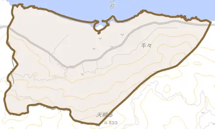手々とその周辺の地図。町の範囲を重ねている