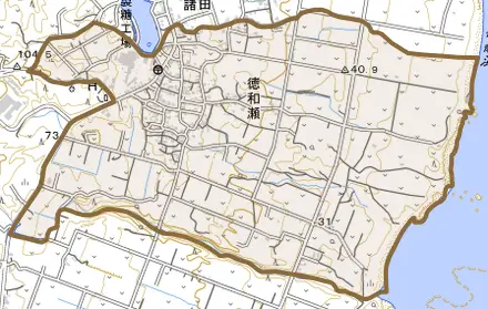 徳和瀬とその周辺の地図。町の範囲を重ねている