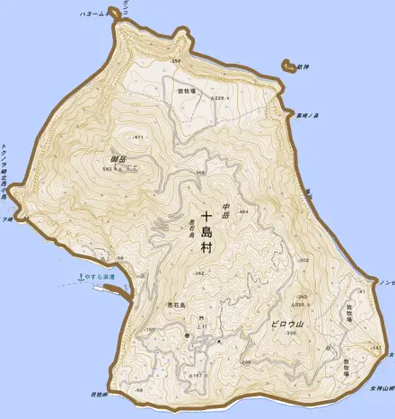 悪石島とその周辺の地図。町の範囲を重ねている