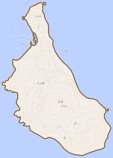 口之島とその周辺の地図。町の範囲を重ねている
