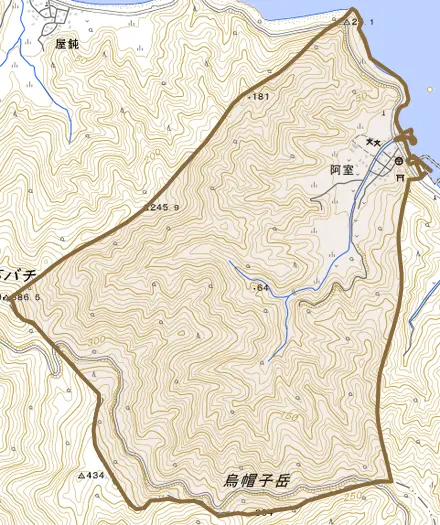 大字阿室とその周辺の地図。町の範囲を重ねている