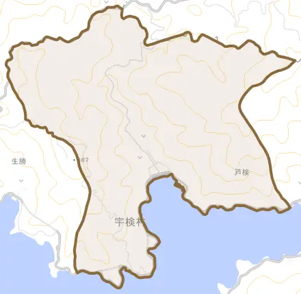 大字芦検とその周辺の地図。町の範囲を重ねている