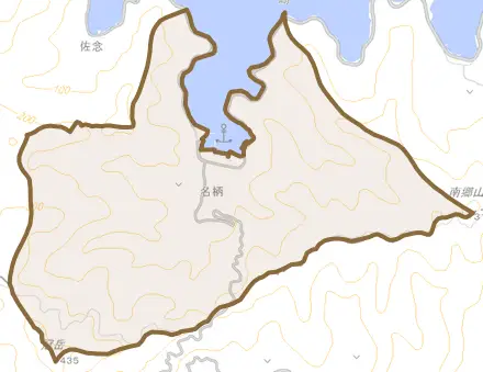 大字名柄とその周辺の地図。町の範囲を重ねている