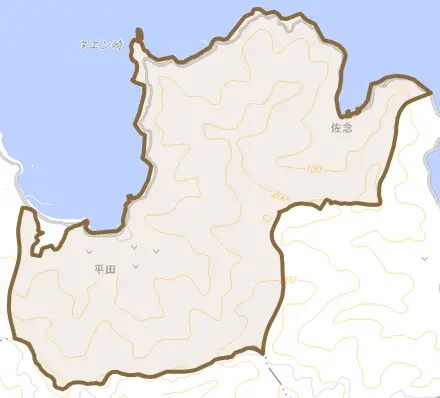 大字佐念とその周辺の地図。町の範囲を重ねている
