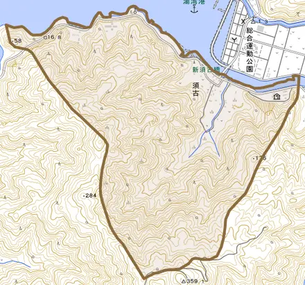 大字須古とその周辺の地図。町の範囲を重ねている