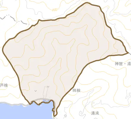 大字田検とその周辺の地図。町の範囲を重ねている