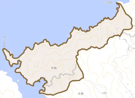 大字宇検とその周辺の地図。町の範囲を重ねている