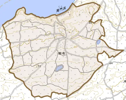 大字畦布とその周辺の地図。町の範囲を重ねている