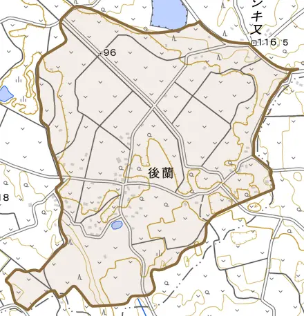 大字後蘭とその周辺の地図。町の範囲を重ねている