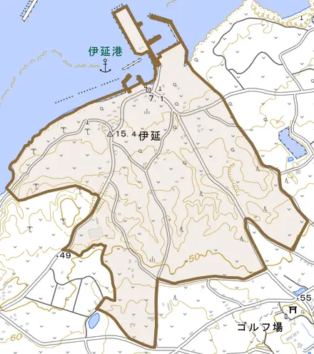 大字伊延とその周辺の地図。町の範囲を重ねている