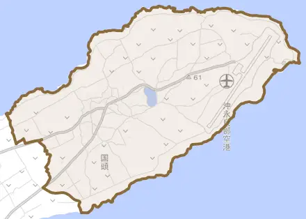 大字国頭とその周辺の地図。町の範囲を重ねている