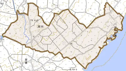 大字皆川とその周辺の地図。町の範囲を重ねている