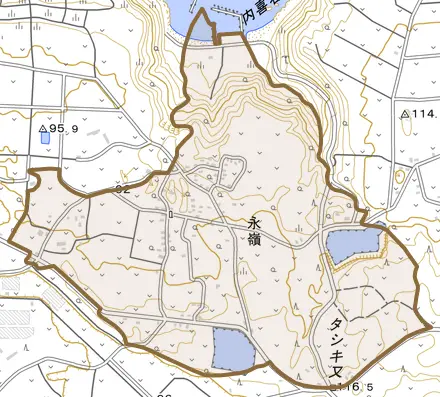 大字永嶺とその周辺の地図。町の範囲を重ねている