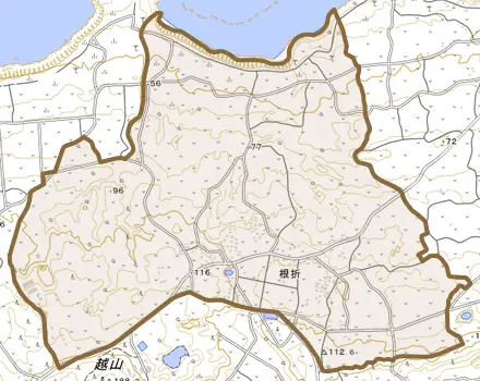 大字根折とその周辺の地図。町の範囲を重ねている