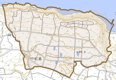 大字仁志とその周辺の地図。町の範囲を重ねている