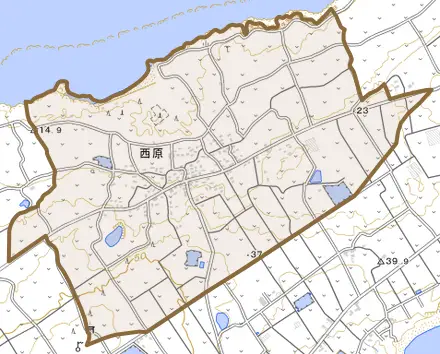 大字西原とその周辺の地図。町の範囲を重ねている
