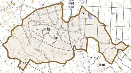 大字大城とその周辺の地図。町の範囲を重ねている