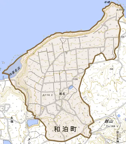 大字瀬名とその周辺の地図。町の範囲を重ねている