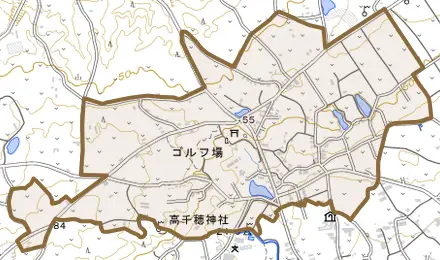 大字上手々知名とその周辺の地図。町の範囲を重ねている