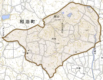 大字内城とその周辺の地図。町の範囲を重ねている