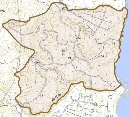 船行とその周辺の地図。町の範囲を重ねている