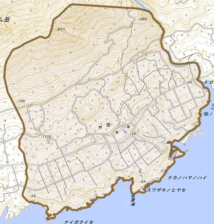 原とその周辺の地図。町の範囲を重ねている