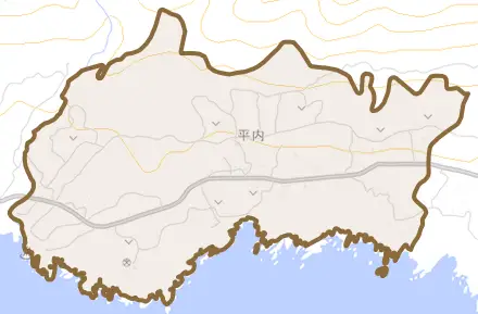 平内とその周辺の地図。町の範囲を重ねている