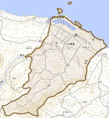 小瀬田とその周辺の地図。町の範囲を重ねている