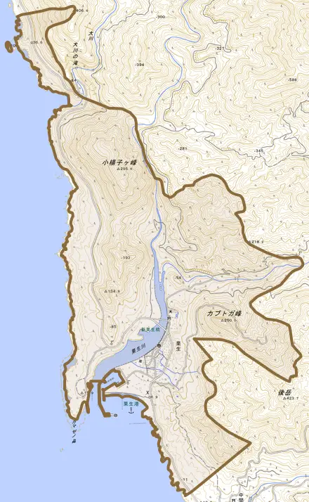 栗生とその周辺の地図。町の範囲を重ねている