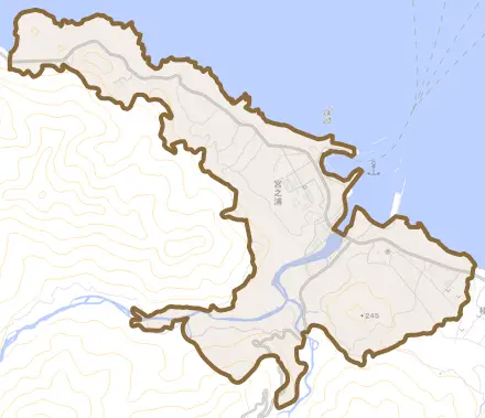 宮之浦とその周辺の地図。町の範囲を重ねている