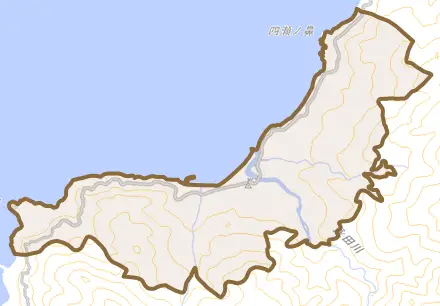 永田とその周辺の地図。町の範囲を重ねている