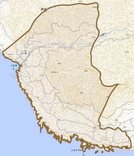 中間とその周辺の地図。町の範囲を重ねている