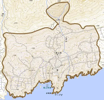 尾之間とその周辺の地図。町の範囲を重ねている