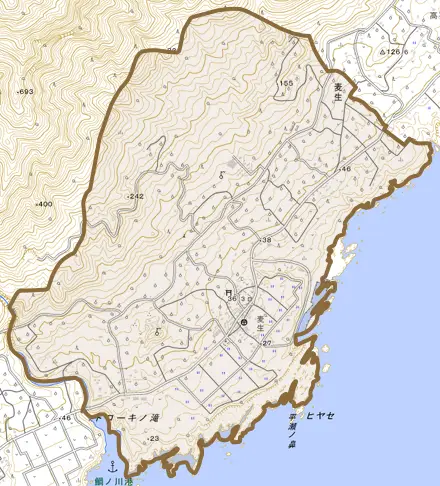 麦生とその周辺の地図。町の範囲を重ねている
